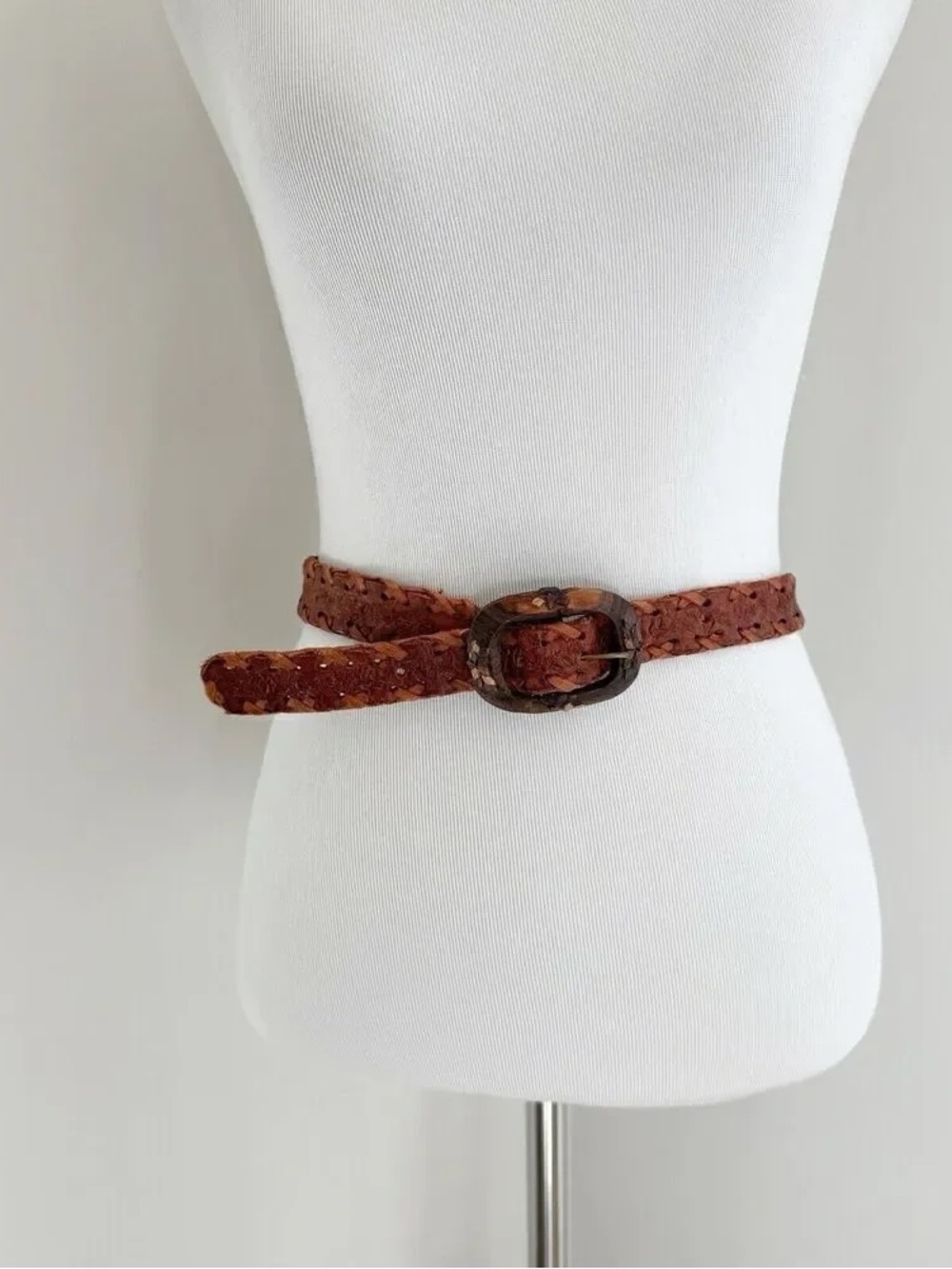 Woven Brown Leather Belt with Tortoiseshell Buckle